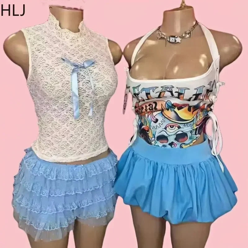 HLJ&GG Sweet Lace Sheer Ruched Two Piece Sets Women Round Neck Sleeveless Top And Skirts Shorts Outfits Fashion 2pcs Streetwear