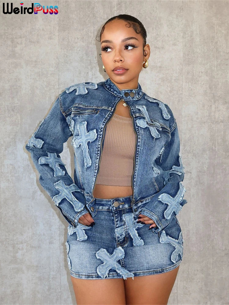 Weird Puss Vintage Women 2piece Set Half High Collar Zip Jacket+High Waist Mini Skirt Hipster Streetwear jeans Embroidery Suits