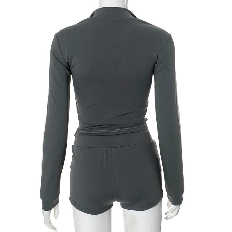 STYLISH LADY Contrast Color Sporty 2 Piece Set Women Long Sleeve Zipper Crop Top and Drawstring Short Suits 2025 Workout Outfits
