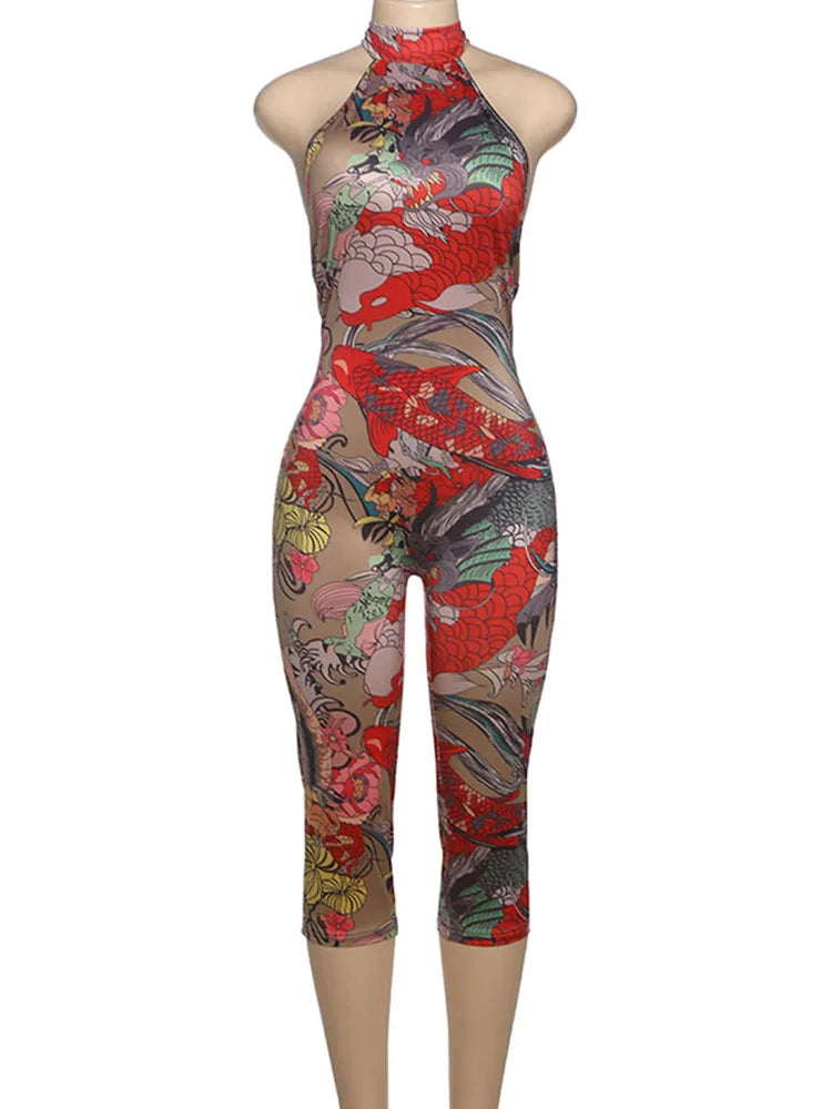 Weird Puss Colorful Print Romper Women Halter Bandage Summer Sexy Hipster Backless Activity Workout Fit Tight Stretch Playsuits