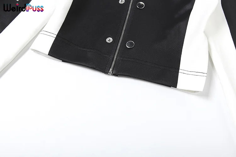 Weird Puss Hipster Patchwork Jacket Women Y2K Letter Print Hipster Uniform Street Single-Breasted Hipster Autumn Trend Zip Coat
