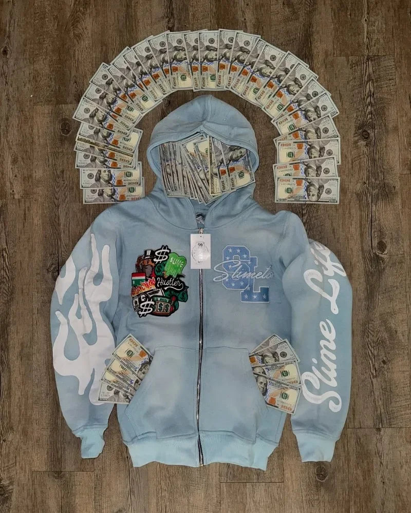 Harajuku Trend Brand Casual Loose Oversized Zipper Hoodie Men Y2k Gothic Retro Letter Flame Embroidered Sweatshirt Jacket Women