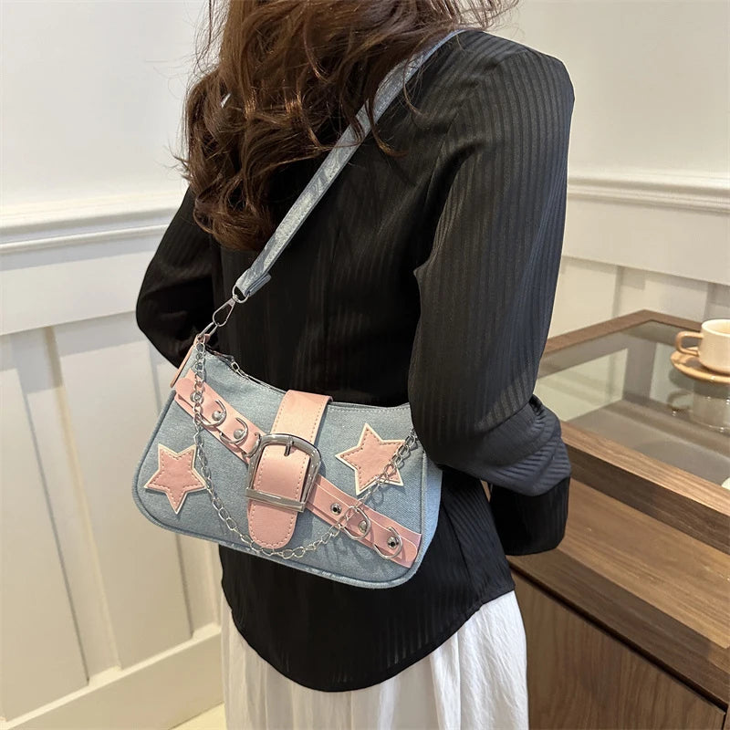 Fashion Women's Handbags jeans Stars Pattern Cool Girls Underarm Bag Female Small Shoulder Hobo Bags Chain Tote Bag