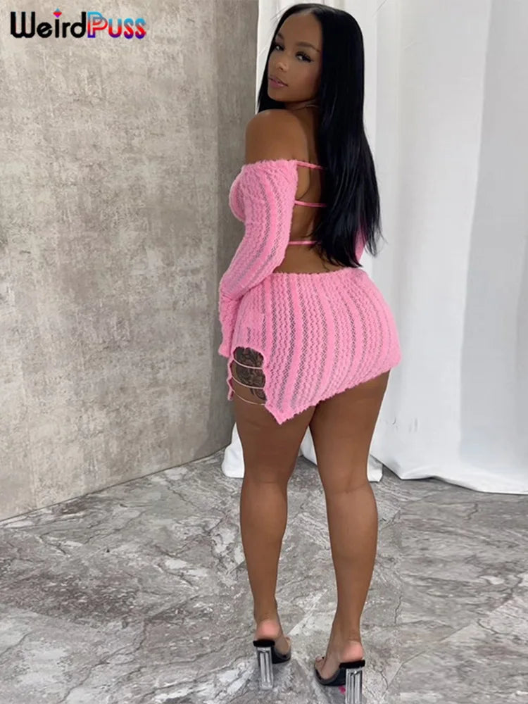 Weird Puss Knit Elegant Slash Neck Dress Women Sexy Trend Backless Irregular Skinny Streetwear Midnight Side Hollow Chic Bodycon