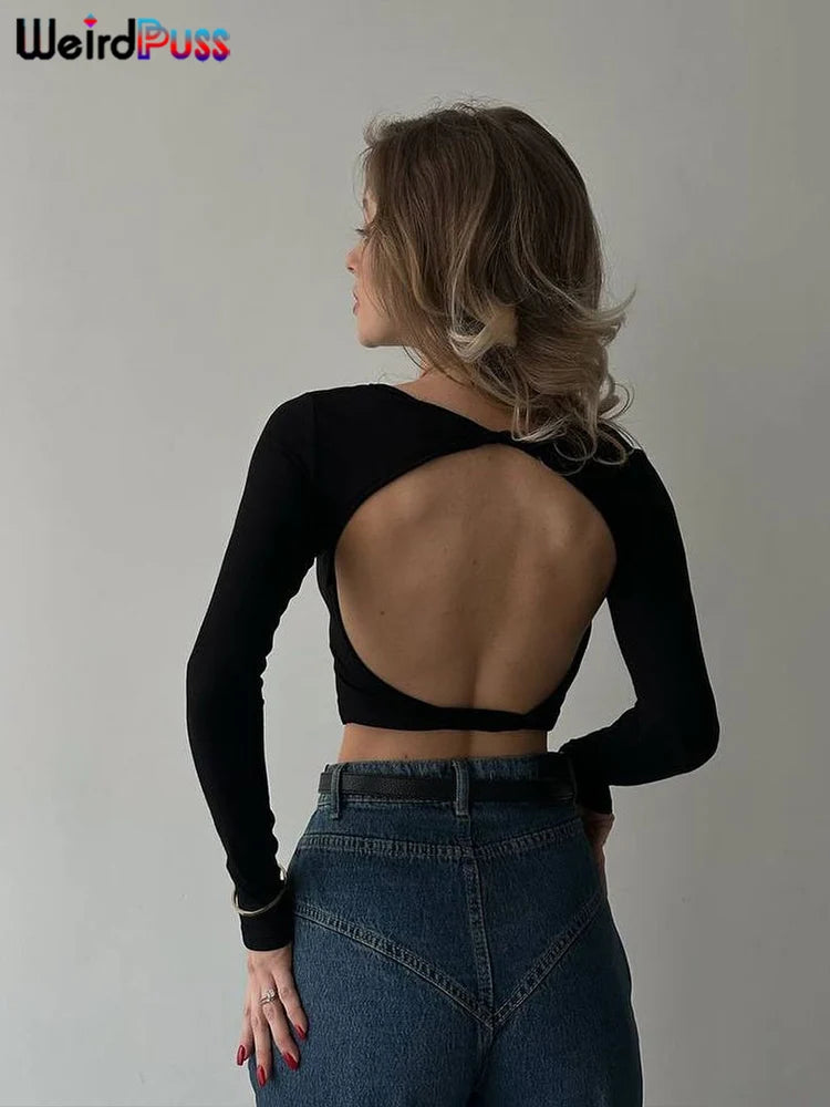 Y2K Backless Crop Tops Autumn Trend O-Neck Solid Long Sleeve Simple Causal Skinny Stretch Streetwear Basic Top