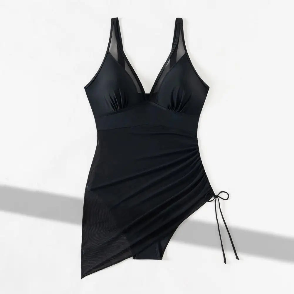 Women's Swimsuit Solid Color V Neck Tummy Control Swimwear Sexy Mesh Sheer Wrap Bathing Suit For Beach Vacation