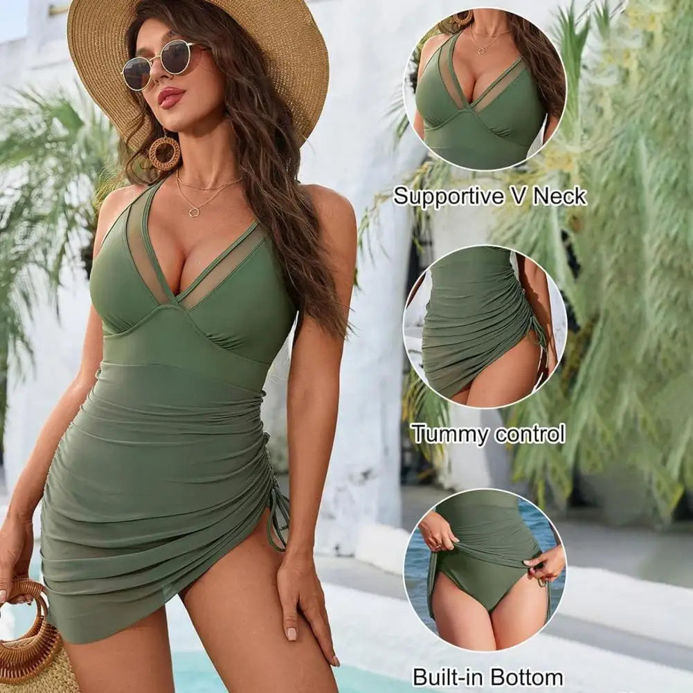 Women's Swimsuit Solid Color V Neck Tummy Control Swimwear Sexy Mesh Sheer Wrap Bathing Suit For Beach Vacation