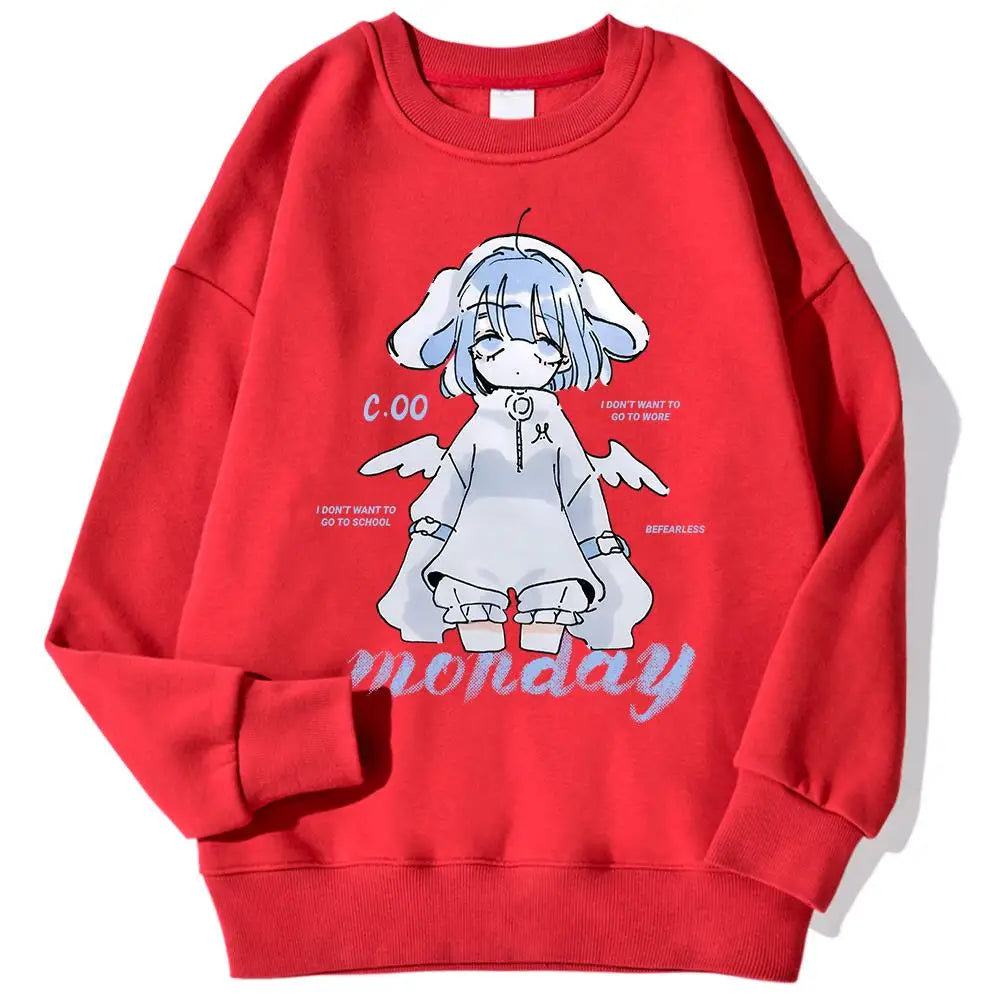 Harajuku Anime Girl Design Womens Sweatshirts Couples Kawaii Hoodie Comfortable Crewneck Clothes All-Match Fleece Streetwear