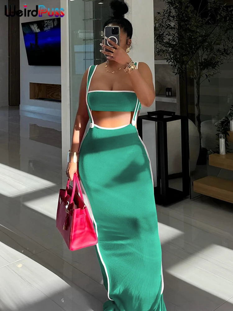 Weird Puss Summer Trend 2 Piece Set Women White Edging Strapless Tops+Shoulder Straps Dress Stretch Matching Streetwear Outfits