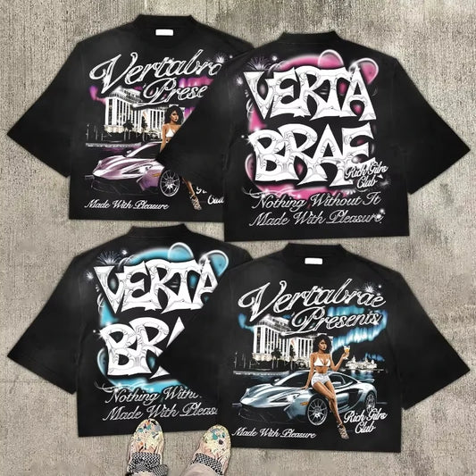 American Fashion Trend Brand Cartoon Pattern Oversized T-shirt Women's Y2K Street Hip-hop Harajuku Loose Round Neck Shirt