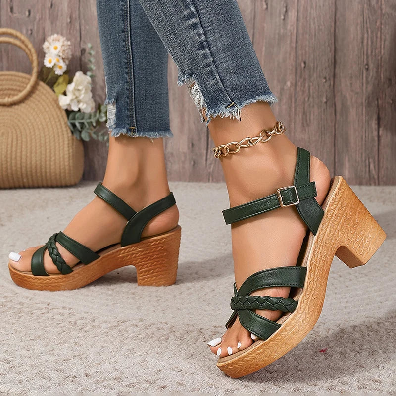 Women's Braided High Heels Sandals 2024 Summer Chunky Platform Gladiator Sandals
