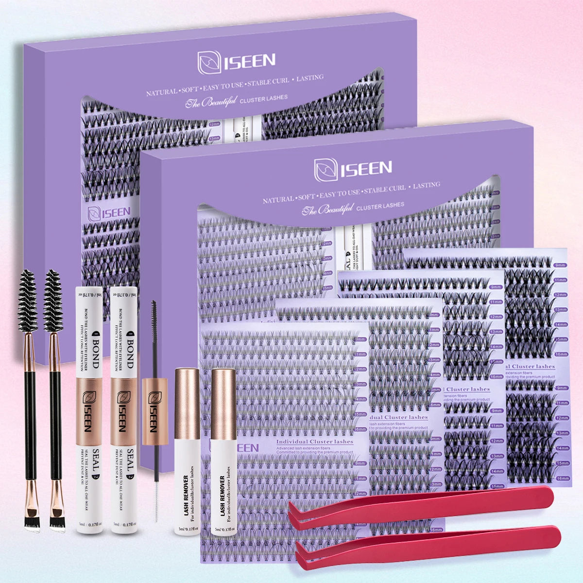 ISEEN DIY Eyelash Extension Kit Cluster Mix Eyelashes Full  Lashes Kit with Lash Bond & Seal and Eyelash Tweezers and Brush