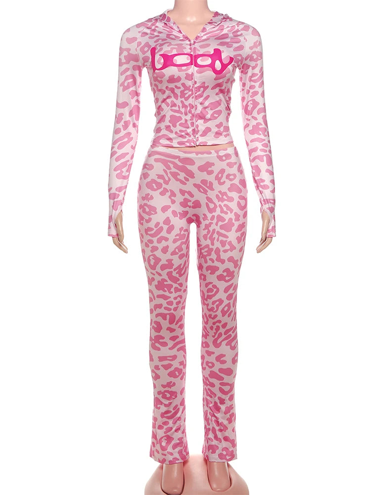 Weird Puss Leopard Print 2 Piece Set Women Tracksuit Letter Zip Hooded Crop Jacke+Leggings Matching Casual Sporty Street Outfits