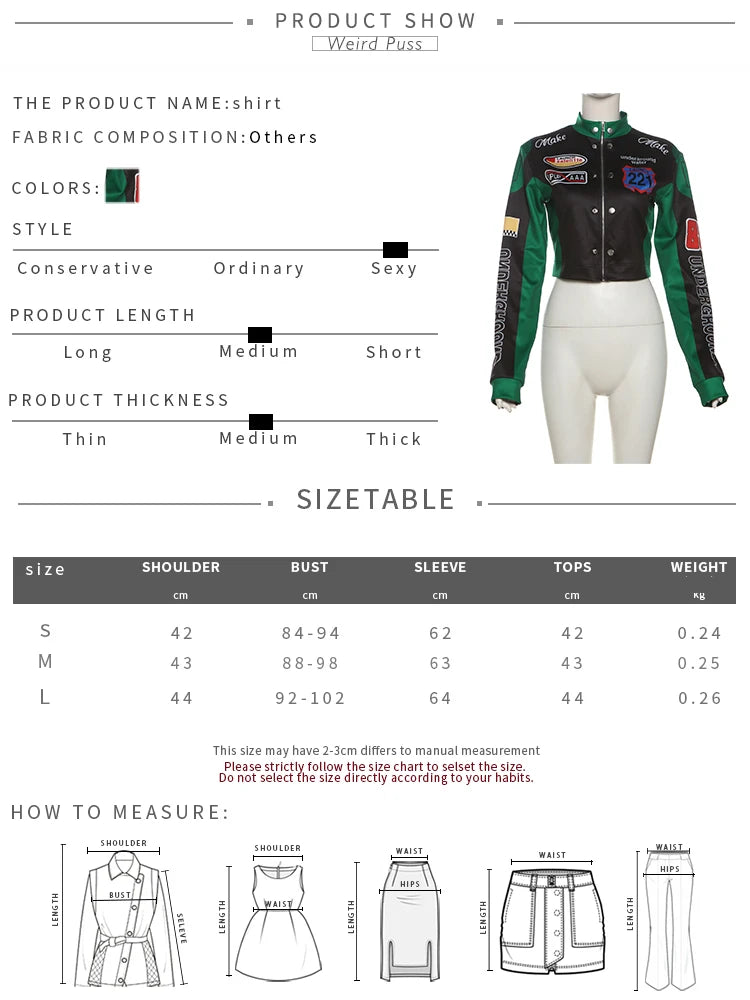 Weird Puss Hipster Patchwork Jacket Women Y2K Letter Print Hipster Uniform Street Single-Breasted Hipster Autumn Trend Zip Coat
