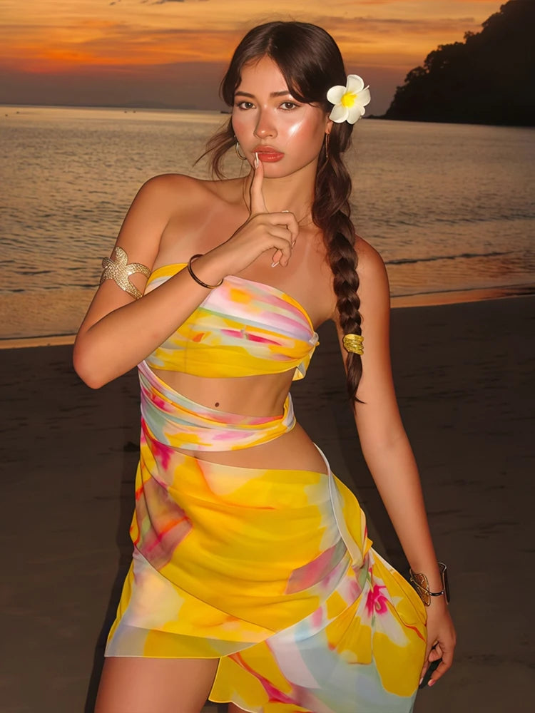Weird Puss Colorful Print Strapless Dress Women Thin Irregular Multilayer Mesh Side Knot Hollow Beach Vacation Club Mini Bodycon