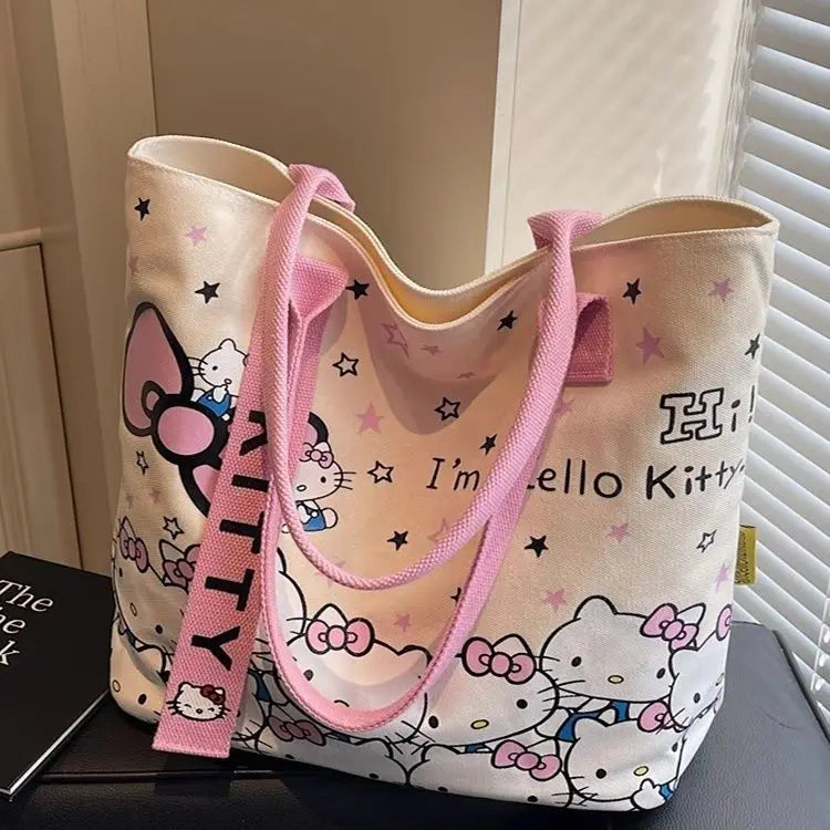 New Model Hello Kitty Cartoon Canvas Bag Cute Commuter Versatile One-Shoulder Tote Bag Large-Capacity Storage Bag