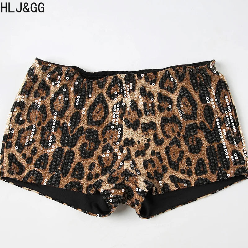 HLJ&GG Y2K Trendy Retro Print Tshirts Two Piece Sets Women Round Neck Sleeveless Top And Sequin Leopard Shorts Outfit Streetwear