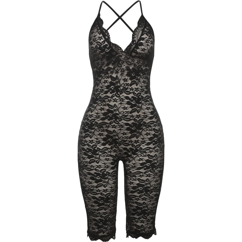 Weird Puss Coquette Playsuit Women Mesh Midnight Backless Sleeveless v-Neck Sexy Summer Hipster Skinny Fitness Stretch Romper