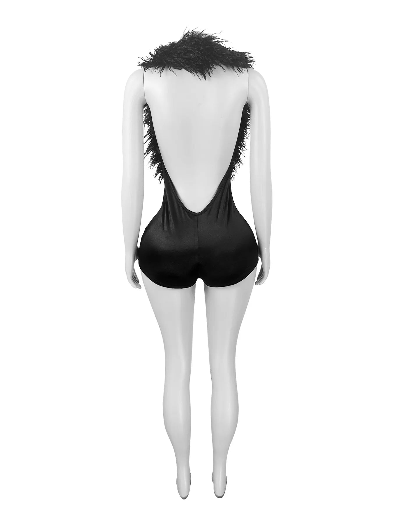 Weird Puss Halter Fur Playsuit Women Sexy Backless Deep V-Neck Summer Hipster Tight Stretch Activity Street Luxury Shorts Romper