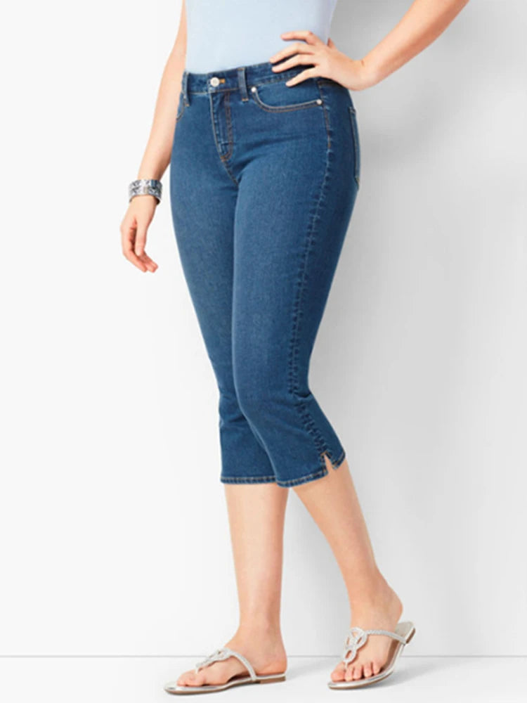 Knee Length Jeans female Elastic High Waist Mom Jeans Oversize