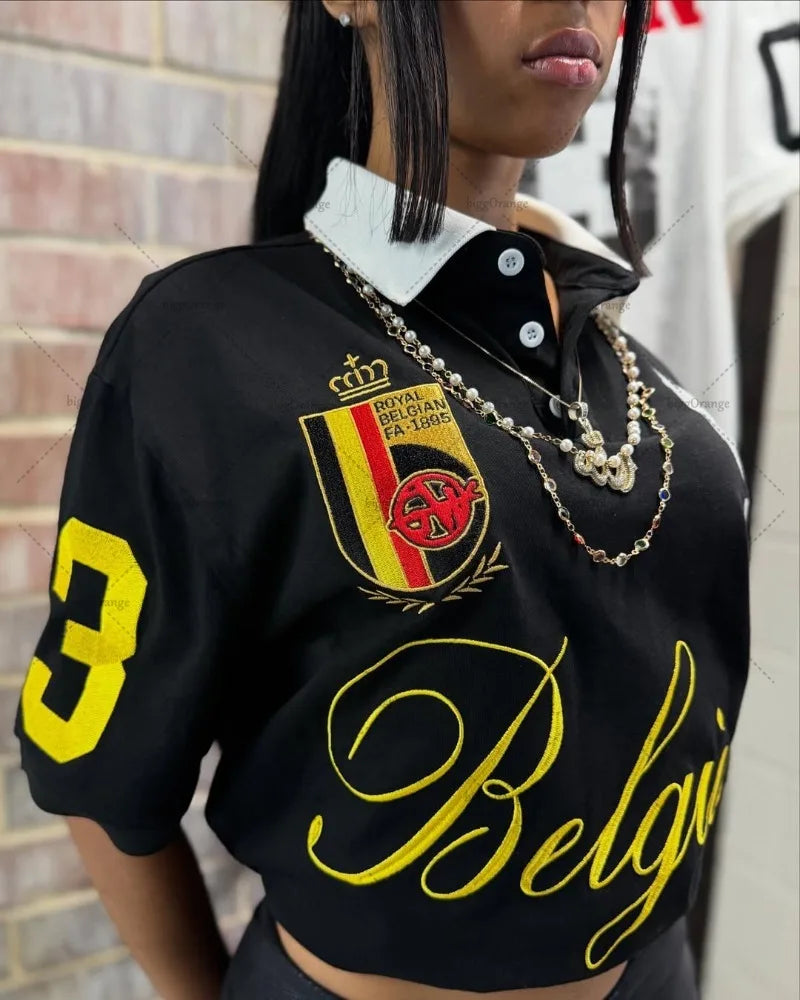 High Street Trendy Brand Harajuku Streetwear Polo Shirt Men Hip Hop Gothic Punk Retro Lapel T-shirt Casual Y2K Graphic Top Women