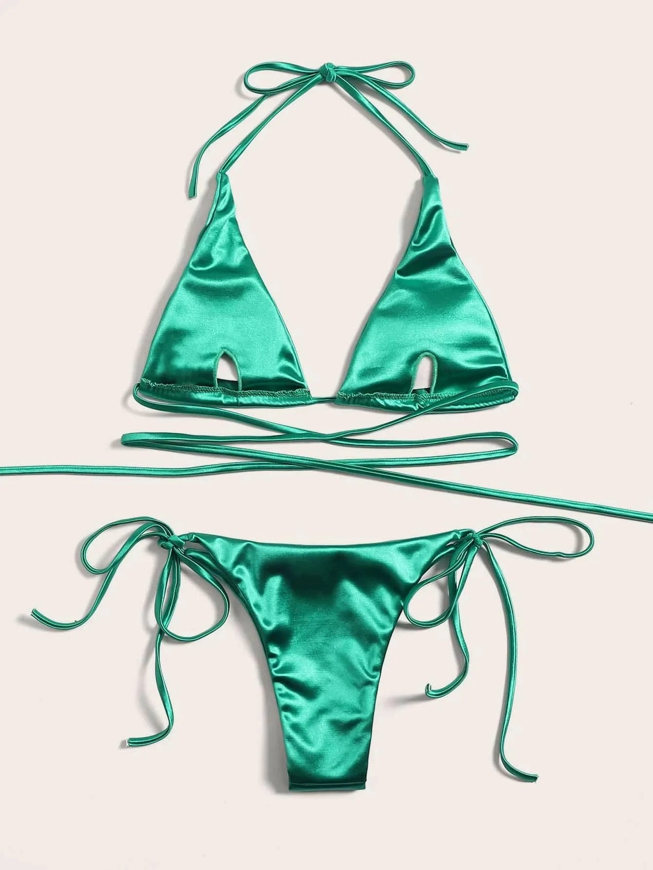 Halter Brazilian Metallic Satin Bikini  Swimwear, Swimsuit Two-pieces Bikini Set High Cut Bathing Suit Swim Beachwear