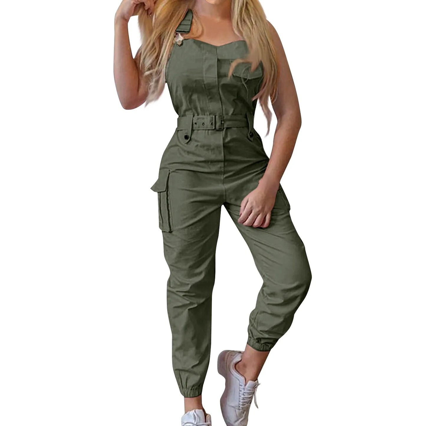Lady's Fashion Clasp Pocket Cargo Romper Jumpsuits, Casual Jumpsuit Summer