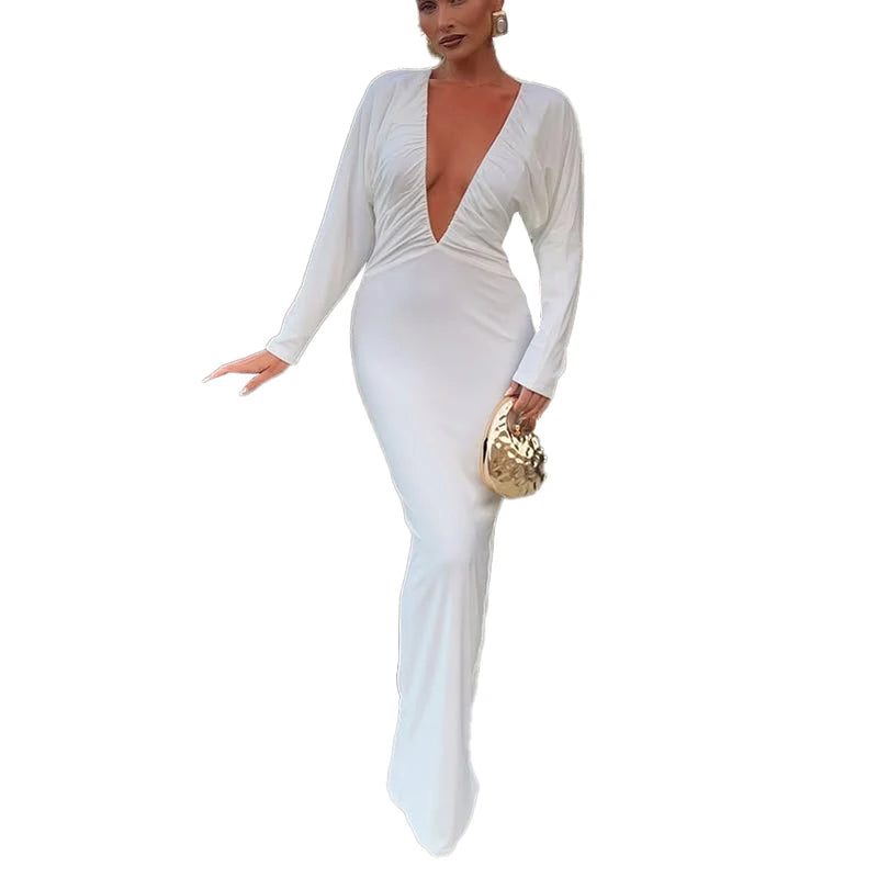 Weird Puss Deep V-Neck Maxi Dress Women Y2K Elastic Long Sleeve Elegant Ruched Stretchy Skinny Cocktail Birthday Party Vestidos