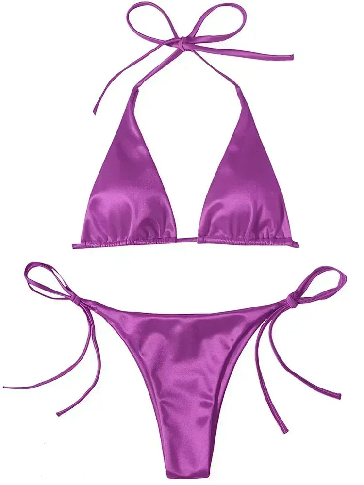 Halter Brazilian Metallic Satin Bikini  Swimwear, Swimsuit Two-pieces Bikini Set High Cut Bathing Suit Swim Beachwear