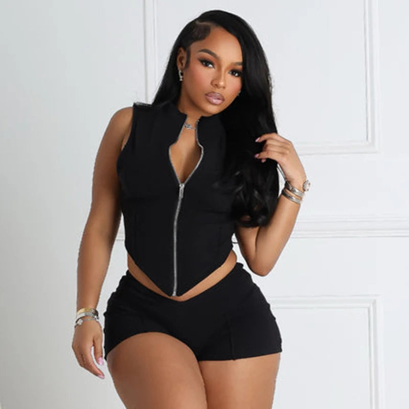 Weird Puss Lines Patchwork 2 Piece Set Women Zipper Cardigan Irregular Crop Top+Skinny Peach Hip Shorts Simple Sporty Streetweas