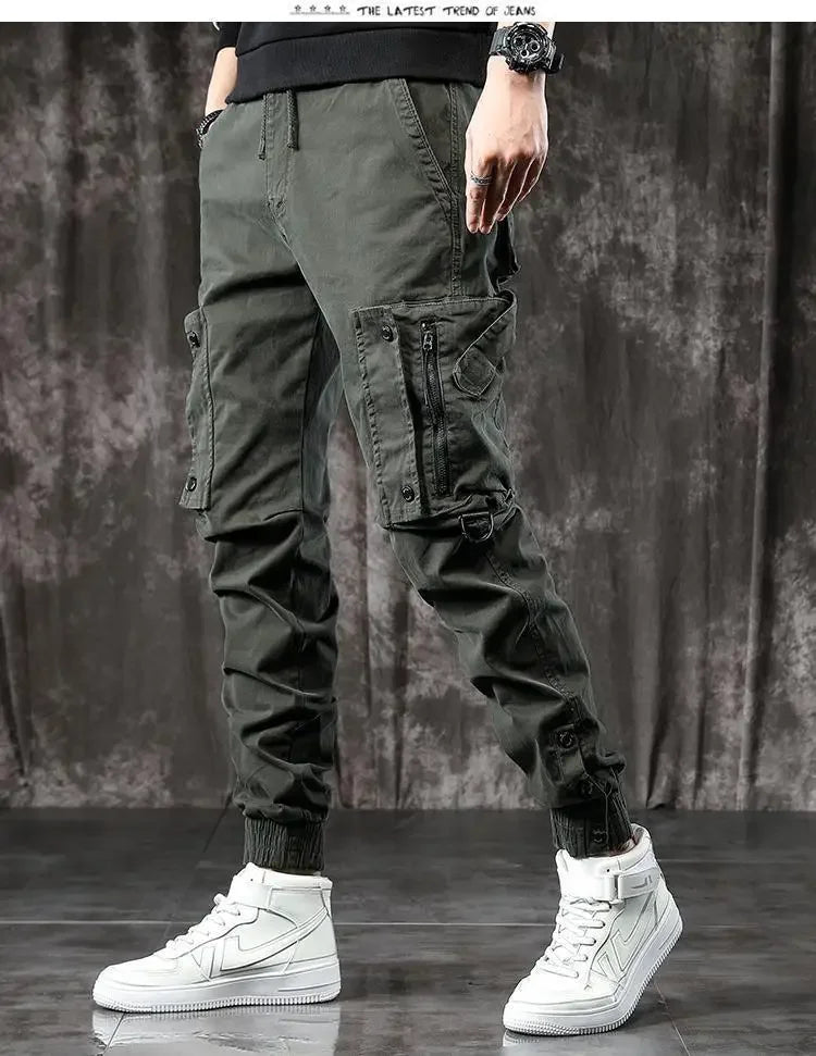 Trendy Men's Spring Autumn Cargo Pants Slim Fit Casual Style Loose Fit American Style Multiple Pocket Small Foot Pants Black