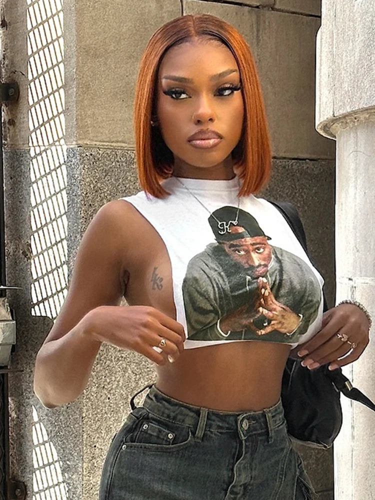 Weird Puss Mannequin Print Women Crop Tank Tops Summer Hipster O-Neck Wild Basic Stretch Fashion Y2K Cool Street Sexy Mini Vest