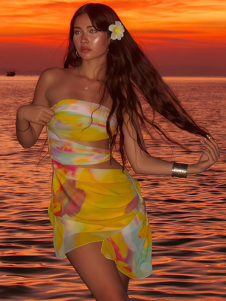 Weird Puss Colorful Print Strapless Dress Women Thin Irregular Multilayer Mesh Side Knot Hollow Beach Vacation Club Mini Bodycon