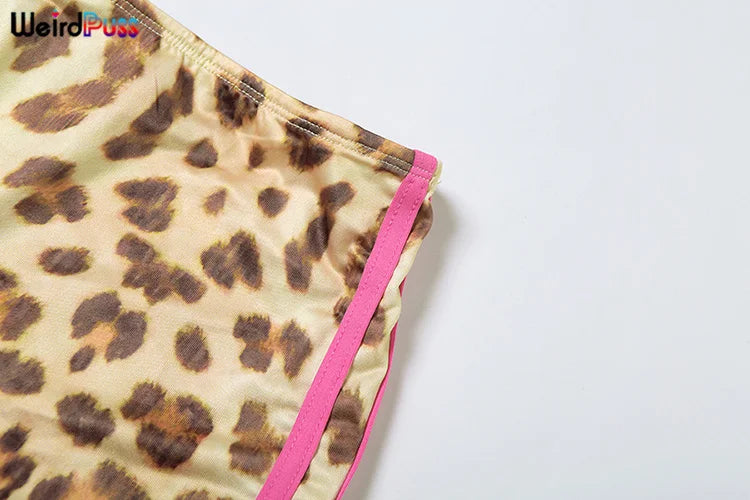 Weird Puss Beach Vacation 3 Piece Set Women Leopard Print Halter Bra Tops+Panties+Shorts Summer Midnight Party Matching Clubwear