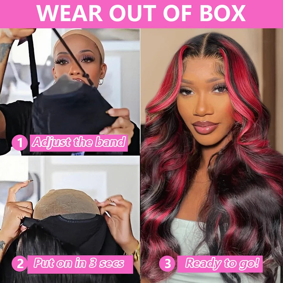 Omber Black With Red Colored Wigs Highlight Lace Front Wigs Human Hair Body Wave Brazilian 5x5 Hd Lace Frontal Glueless Wigs