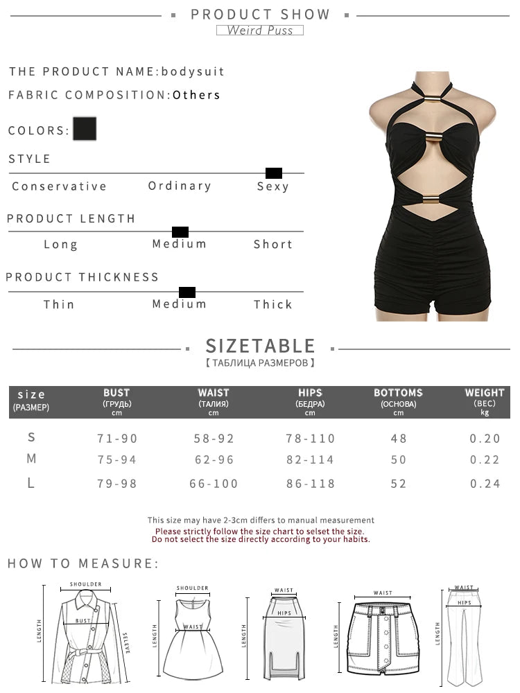 Weird Puss Ruched Romper Women Chic Metal Buckle Hollow Backless Halter Sleeveless Hipster Stretch Luxury Slim Playsuit Clubwear