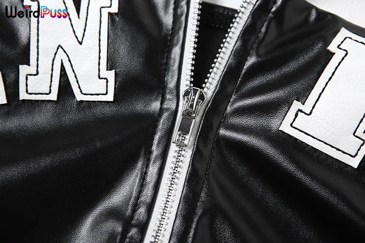 Weird Puss PU Letter Print Corset Top Women Y2K Zip Faux Leather Irregular Summer Trend Hipster Wild Streetwear Skinny Slim Vest