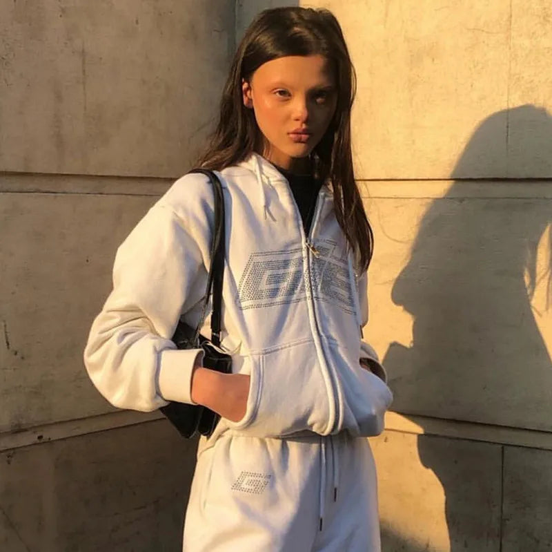 Y2K Zip Rhinestone Women Hoodie 2025 Oversized Hoodies E-girl Goth Punk Jacket Long Sleeve White Sweatshirts Trend Streetwear