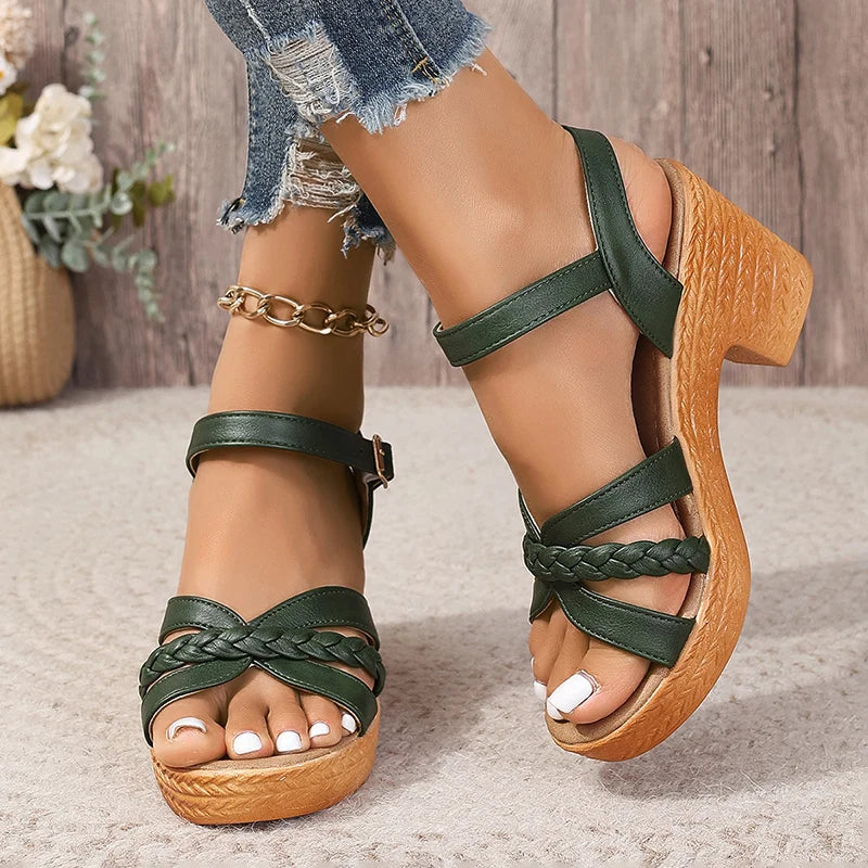 Women's Braided High Heels Sandals 2024 Summer Chunky Platform Gladiator Sandals