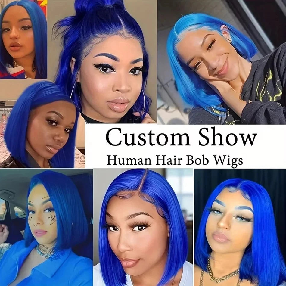 13x4 Lace Front Short Bob Wig Blue Color Straight Navy Blue Bob Transparent Lace Frontal Wigs Human Hair For Black Woman 10 Inch