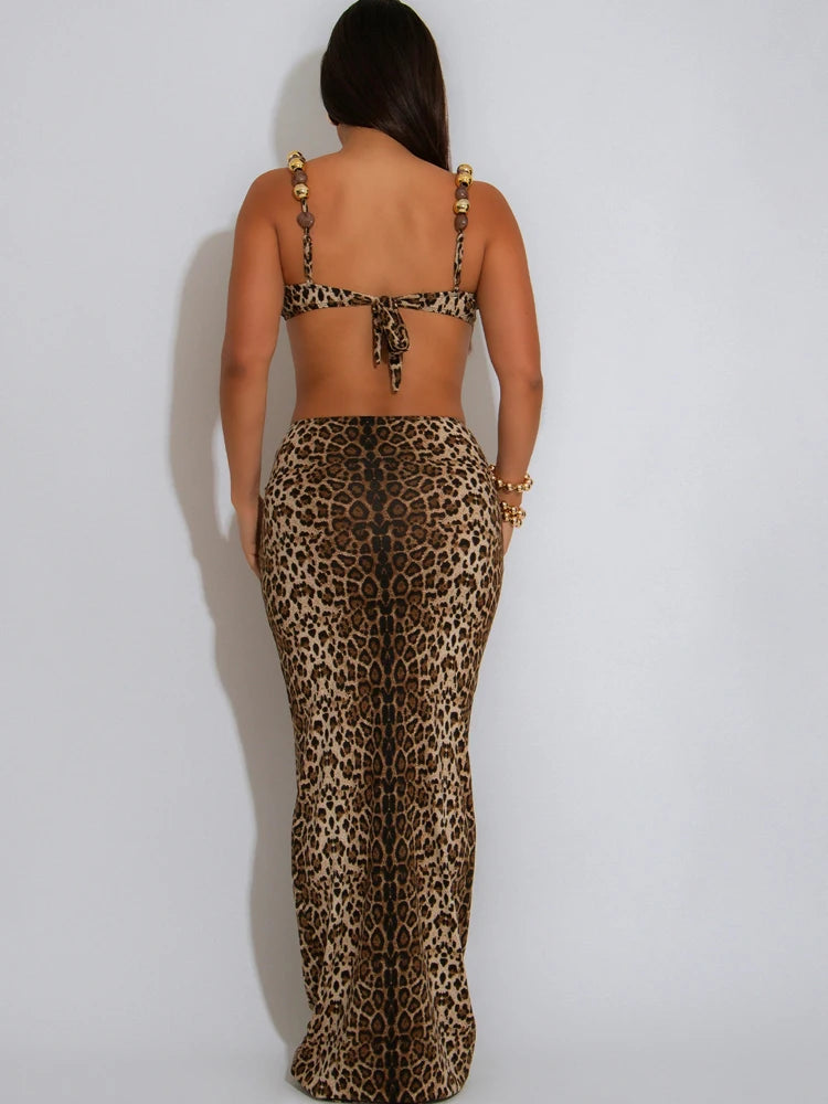 Kricesseen Glamour Beaded Leopard Print Skirt Set Brown Holiday Outfits Stylish Animal Print Two-Piece Dress Night Out Vestidos