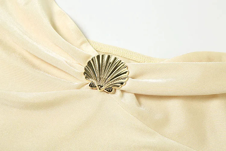 Weird Puss Shell Metal Satin Dress Women Y2K Plait Halter Sexy Low-Neck Irregular Backless Sleeveless Ruched Summer Mini Bodycon