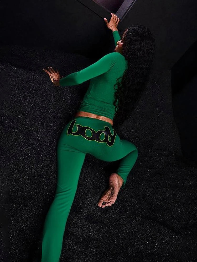 Weird Puss Casual Sporty Women2 Piece Set Letter Print Zip Crop Tops+Leggings Matching Street Stretch Skinny Streetwear Outfits