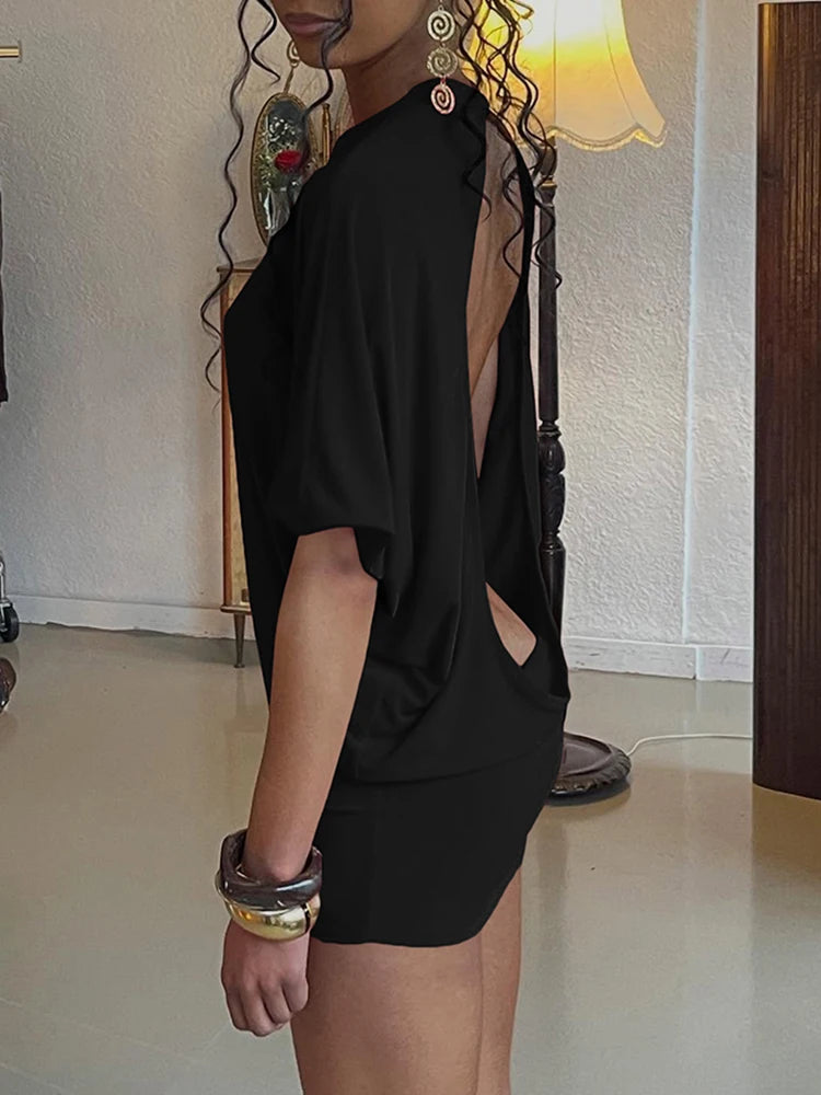 Weird Puss Sexy Backless Mini Dress Women Y2K Solid Trend Style o-Neck Half Sleeve Spicy Girls Street Fashion Skinny Outfits