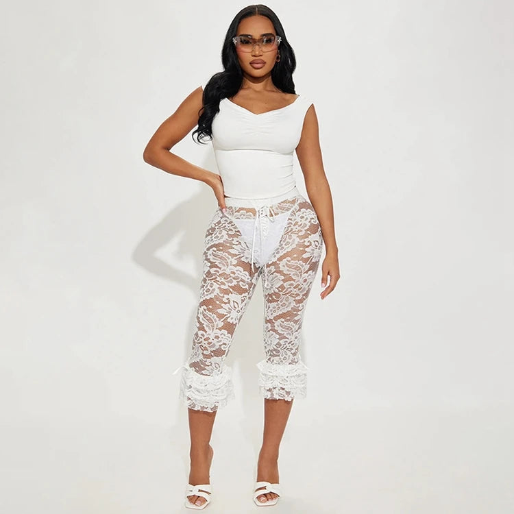 Lace Knee Length Pants, Summer Women Midi Waist Hollow Out Sexy Club Party See Through Leggings Pants