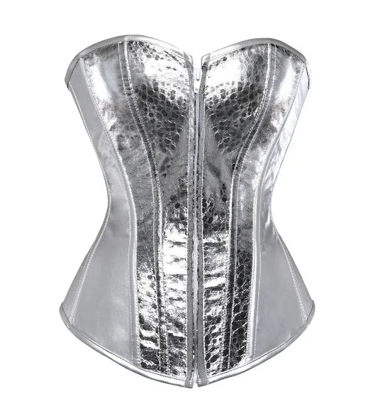 Women Silver Gold Vintage Style Overbust Corset Gothic Leather Steampunk Zip Nightclub Bustier Corselet Top Burlesque Lingerie