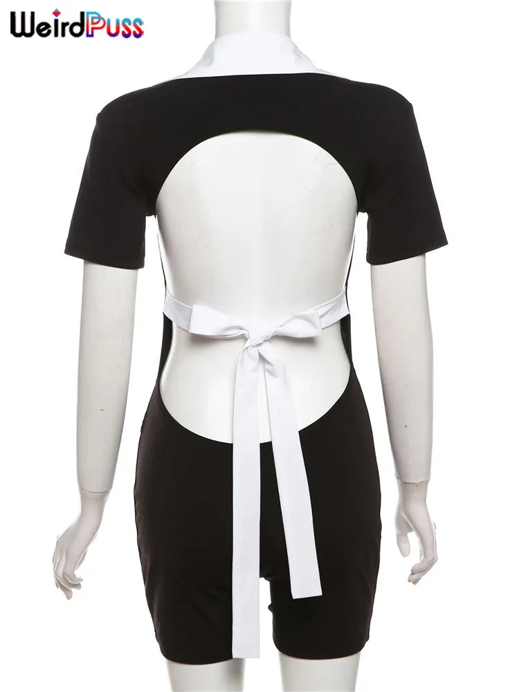 Weird Puss Backless Bandage Romper Women Sexy Polo-Neck Short Sleeve Stretch Fitness Playsuit Skinny Streetwear Hipster Overalls
