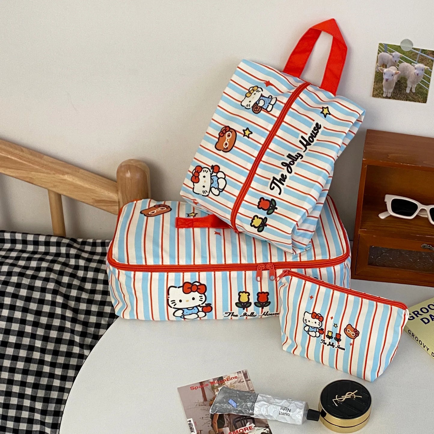 Striped Cat Travel Organizer Bag Portable Luggage Storage Pouch For Trip Business Hand Carry Cosmetic Case
