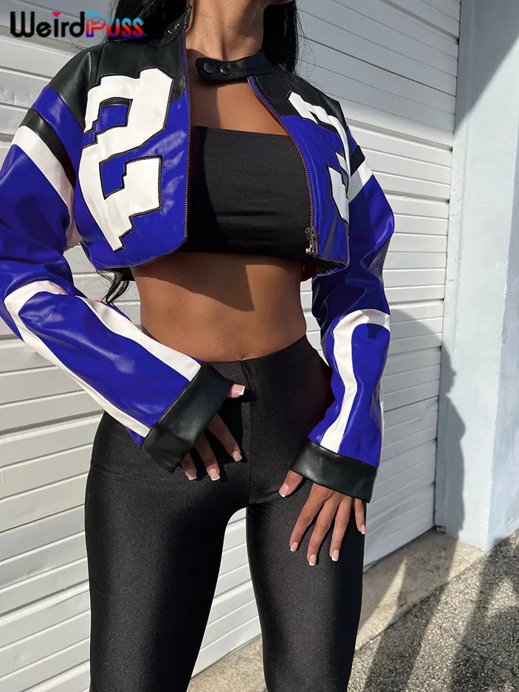 Weird Puss Faux Leather Women Jacket Hipster Letter Print Autumn Trend Casual Sporty Wild Streetwear Uniform Varsity Crop Coat