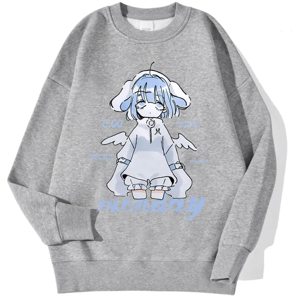 Harajuku Anime Girl Design Womens Sweatshirts Couples Kawaii Hoodie Comfortable Crewneck Clothes All-Match Fleece Streetwear